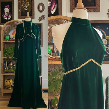 Vintage 1960s green velvet dress + jacket 2 piece set // S // mod 60s 70s holiday racerback maxi dress cropped jacket matching set gold trim 