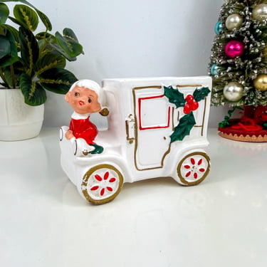 Vintage Christmas Elf Train Carriage Flower Planter Kitschy Christmas Decor 