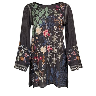 Johnny Was - Charcoal Grey Floral Embroidered Shirt Tunic Sz XS