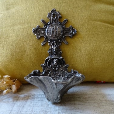 Antique French Pewter Cherub Benitier /Holy Water Font. 