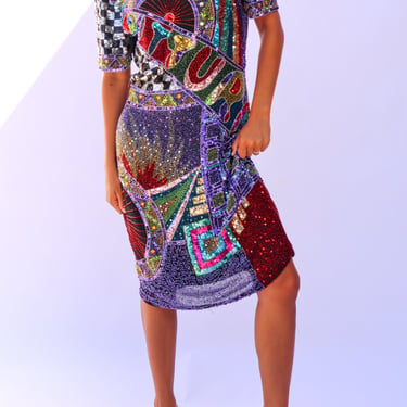 1980's Sequin & Hand Beaded Multi-Color Dress