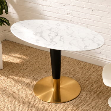 Modern Oval Faux Marble Dining Table with Black and Brass Pedestal Base