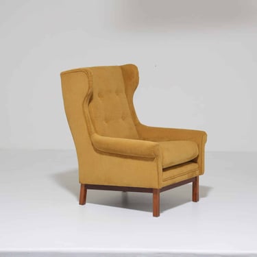 Vintage Danish Mustard-Gold Corduroy Wingback Lounge Chair, 1960s.
