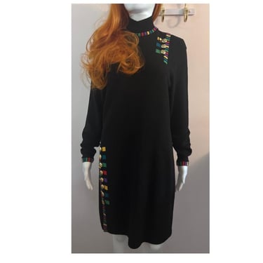 Vintage 80s Black Knit Sweater dress with colorful geometrics M/L Designer 