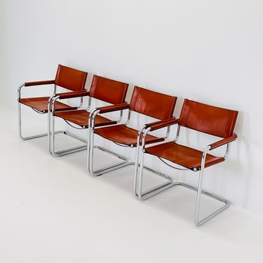 set of 4  Mid century Bauhaus Leather armchairs by Mart Stam & Marcel Breuer for Fasem, Italy 1985 