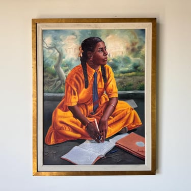 Vintage Haitian Figurative Young Girl Writing Oil Painting by Horestal 