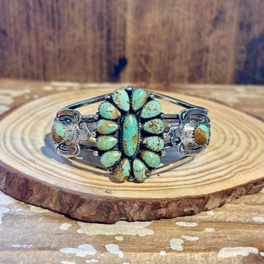 NAVAJO JIMMY GARCIA Turquoise & Silver Thunderbird Cuff | Statement Flower Bracelet | Native American Southwestern Jewelry | 44g 