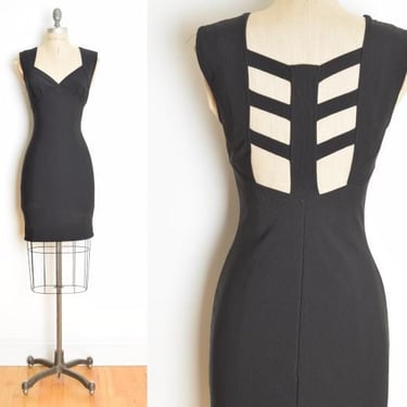 vintage 90s dress black knit strappy cage cutout bandage cocktail party mini M 