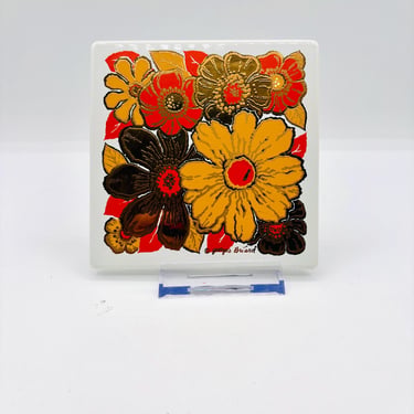Vintage George Briard Enamel Retired Tile– Yellow & Orange Daisies– Mid-Century Modern Pop Art – 1960s Retro Kitchen Decor 2 by LeChalet