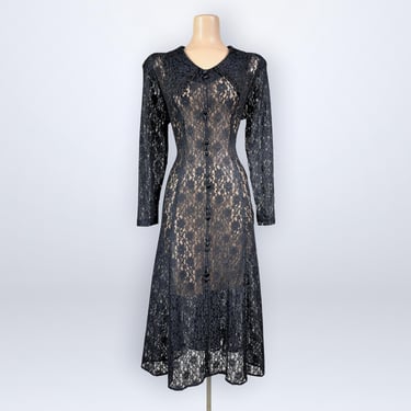 Vintage 80s Sheer Black Lace Gothic Maxi Dress Dagger Collar Corset Medium 8 VFG 