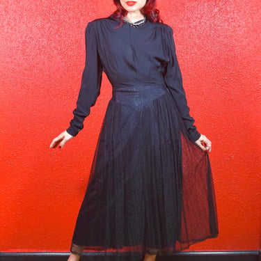 1940s Black Lace and Crepe Dress 