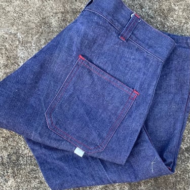 1970s Seafarer Denim Jeans: High Rise Wide Leg, Red Stitch (35x33) 