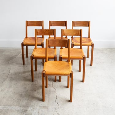 Pierre Chapo S24 Chairs Set of 6 in Elm and Leather | France c.1960 