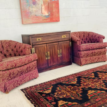 Burgundy & Gold Damask Chesterfield - Style Club Chairs  / Pair