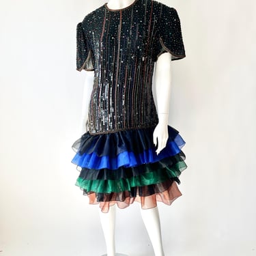 Vintage Silk Dress: Sequins and Beads, Ruffled Skirt, Size Small, 1980's 
