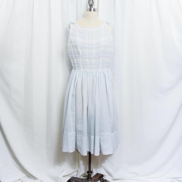 50s Pale Blue Lace Woven Fit Flare Dress Vintage 1950s Cotton Textured Sleeveless Full Skirt Party Dress 