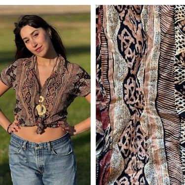 Boho Hippie Blouse Abstract Print Slinky Fabric S M 