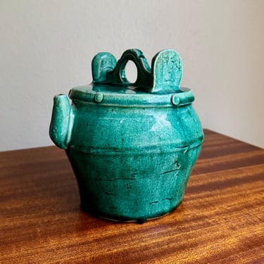 Antique Chinese Shiwan Green Glaze Pottery Teapot Jug Late Qing Rustic Primitive 