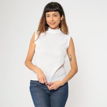 Vintage 70s White Tank Top Mock Neck Top Diamond Knit Sleeveless Shirt Retro Mod Basic Plain Blouse Mockneck Simple Minimalist 1970s Small S 