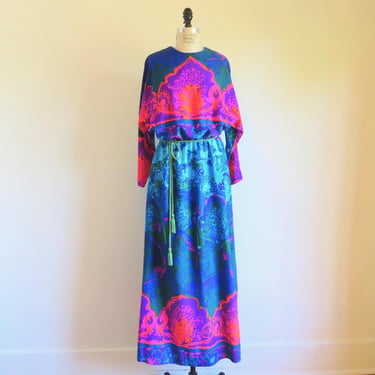 1960's 70's Psychedelic Print Maxi Dress Long Sleeve Krist Alice of California Size Medium 