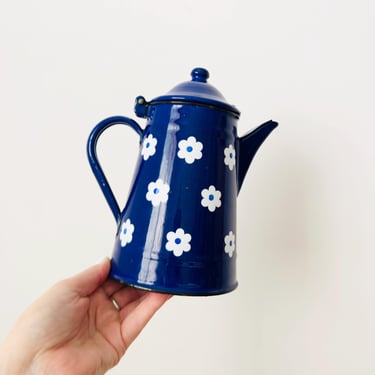Vintage Yugoslavian Enamel Teapot, Navy Blue And White Metal Coffee Pot, 1960s 