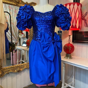 vintage 1980s blue sequin cocktail dress 80s fashion huge sleeves ruffled bow m 