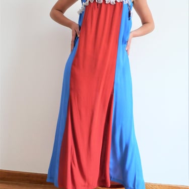 Vintage 70s Sun Dress: Red & Blue Boho Sleeveless Maxi (S/L) 