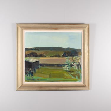 Vintage 1963 Scandinavian Modernist Landscape Oil Painting | Original Framed Art 