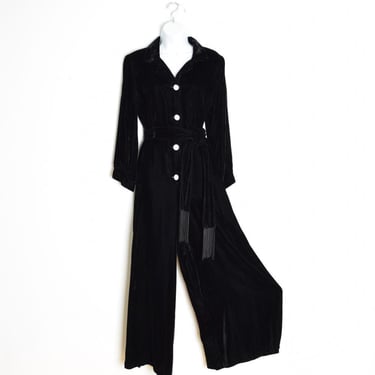 vintage 60s jumpsuit black velvet wide leg palazzo one piece outfit romper L 