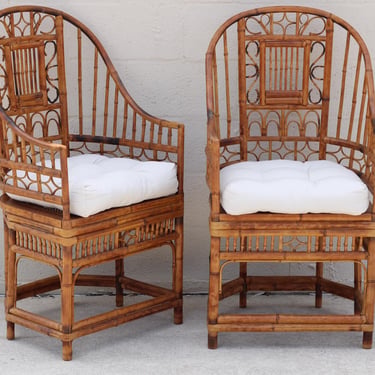 Vintage Pair 2 High Back Brighton Pavilion Burnt Bamboo Cane Fretwork Arm Chairs #2 
