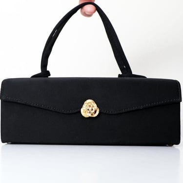 50's Black Satin Box Purse Evening Bag, Top Handle, Vintage, Mid Century, Gold Clasp Rhinestones 1950's clutch, minaudière , wristlet 