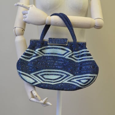 1960s Large Blue Salvia Beaded Handbag 