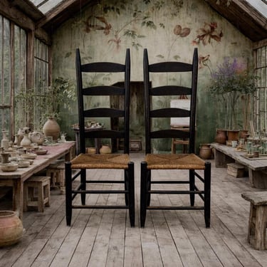 Vintage Ladder Back Chairs Set of 2 –  Wood & Rush Seat – Farmhouse Dining Chairs – Primitive Rustic Kitchen Decor – Hand Finished 