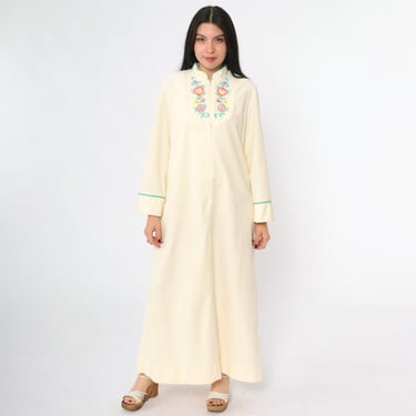 Vintage Cream Velour Lounge Dress 80s Embroidered Floral Ankle Length Housecoat Zip Front Long Sleeve 1980s Loungewear Robe Small S 