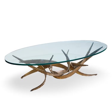 Silas Seandel Brutalist Mid Century Glass and Gilt Bronze Coffee Table - mcm 