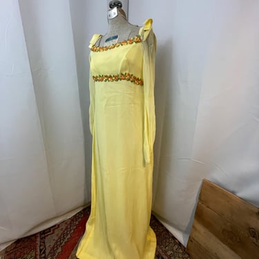 Yellow Gooseberry Princess Dress Satin Bows 1970s Vintage Ren Faire cosplay S 
