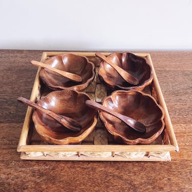 vintage Monkey Pod Wood bowls and bamboo tray - set of 4 