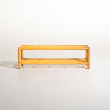 Vintage Scandinavian Bamboo and Rattan Bench, Mid Century Natural Fiber Shoe Rack, Wicker Hallway Storage Bench 