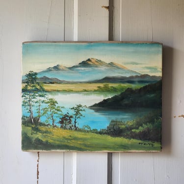 Vintage landscape oil painting signed unframed lake mountain scene original art 