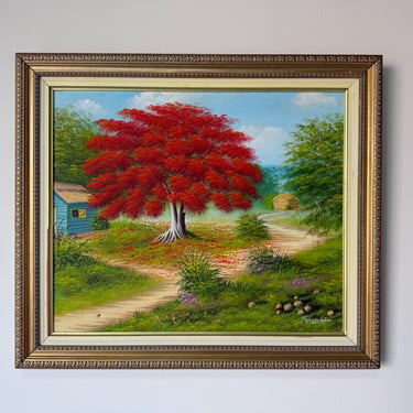 2000’s Francisco Lopez “Framboyan Tree” Countryside Landscape Oil on Canvas Painting, Wood Framed 