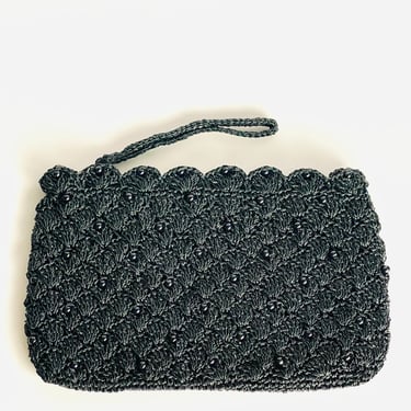 Vintage Black Beaded Raffia Clutch: Japanese Woven Purse 