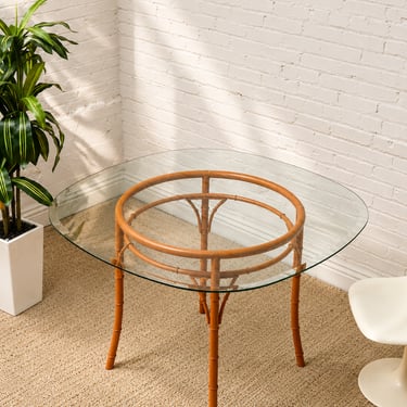 Vintage Bamboo-Style Orange Round Dining Table with Glass Top