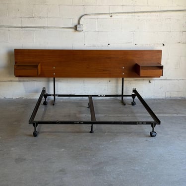 Teak Queen Size Bed Frame Headboard Floating Nightstands Denmark Mid-Century Modern 1970s 