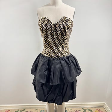 Strapless Gold Sequin Bubble-Hem Mini-Dress - 1980s - By Jessica McClintock 