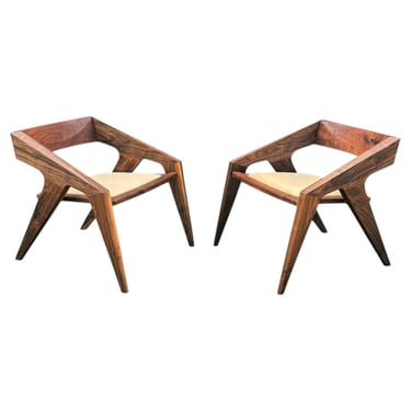 Pair of Midcentury Post Modern Studio Lounge Chairs in Walnut with Leather Seats