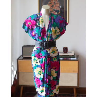 Vintage Colorful Floral Dress - 1980s 