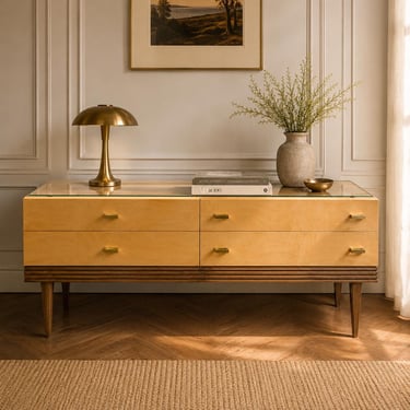 Vintage Mid Century Dresser / Low Sideboard – Maple Veneer, Brass Handles, Glass Top – German 1950s/60s 