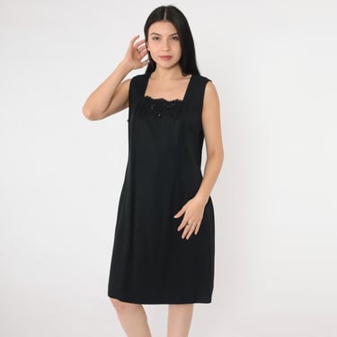 Vintage Black Sequin Mini Dress 90s Beaded Lace Neckline Party lbd Cocktail Sleeveless Sheath Dress 1990s Large L Petite 