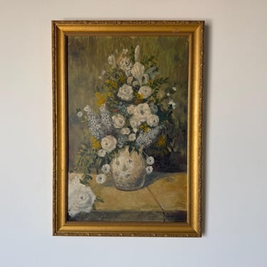 1980s Vintage Impressionist Floral Still Life Oil on Board Painting, Signed, Framed 