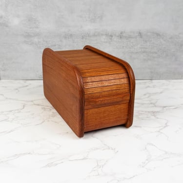 Vintage Mid-Century Teak Tambour Box - Roll-Top Desk Organizer, Danish Modern Style Office Storage 